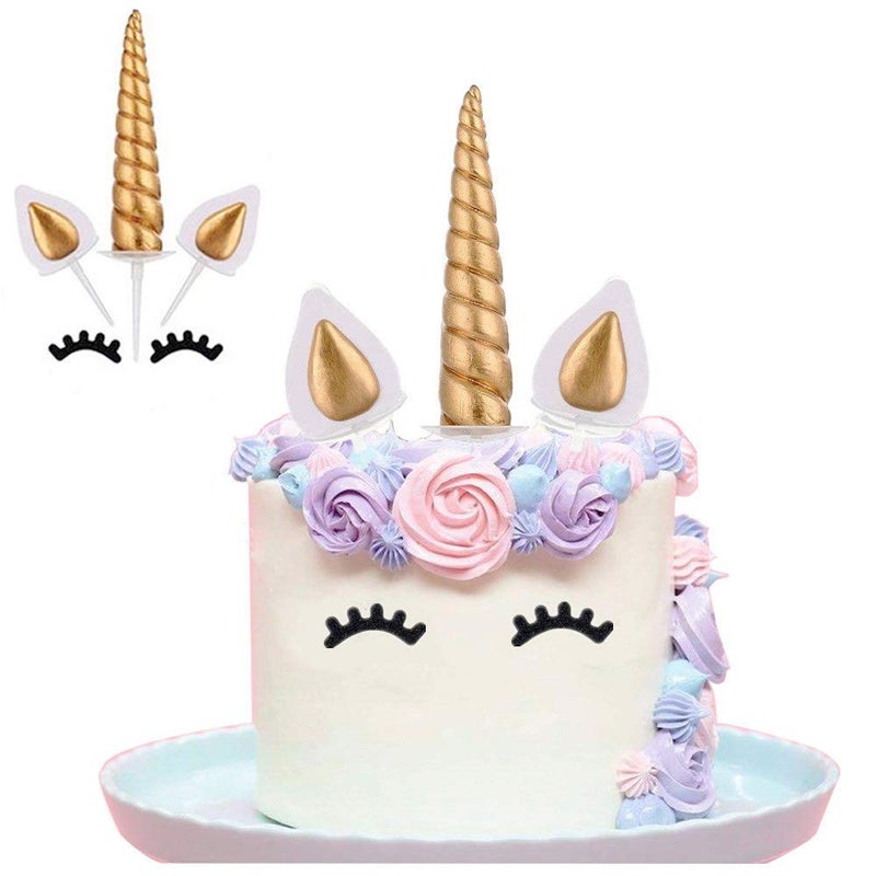 Yashell Unicorn Cake Topper, Reusable Gold Unicorn Horn, Ears and Eyelashes Party Cake Decoration Value Set for Unicorn Party Decoration for Baby Shower, Wedding and Birthday Party(Set of 5) - Image 1